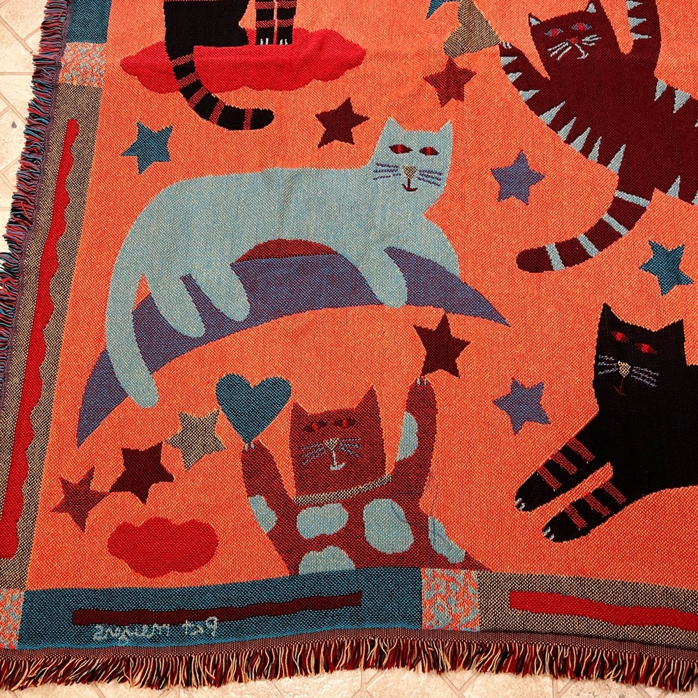 Goodwin Weavers Signed Pat Meyers Cotton Cat Fringe Throw Blanket - Picture 3 of 9